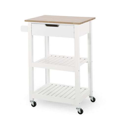 KITCHEN CART Compact Rolling Kitchen Island Cart Bamboo white Top Drawer Storage Shelves Wheels handle Towel Rack