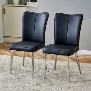 Modern minimalist dining chairs black PU leather curved backrest and cushion black metal semi matte chair legs