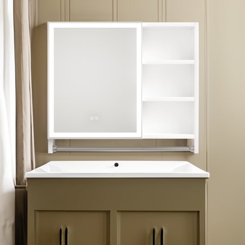 Modern 32x28 inch bathroom storage cabinet with mirrors, LED lights, multi-layer storage compartments, and towel racks