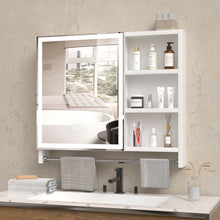 Load image into Gallery viewer, Modern 32x28 inch bathroom storage cabinet with mirrors, LED lights, multi-layer storage compartments, and towel racks