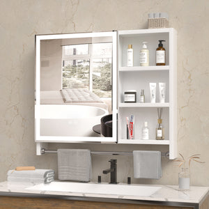 Modern 32x28 inch bathroom storage cabinet with mirrors, LED lights, multi-layer storage compartments, and towel racks