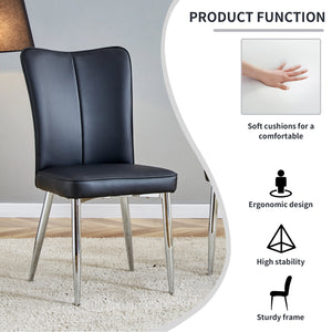 Modern minimalist dining chairs black PU leather curved backrest and cushion black metal semi matte chair legs