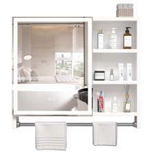 Load image into Gallery viewer, Modern 32x28 inch bathroom storage cabinet with mirrors, LED lights, multi-layer storage compartments, and towel racks