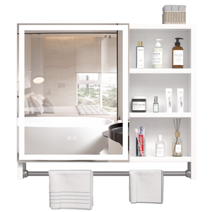 Modern 32x28 inch bathroom storage cabinet with mirrors, LED lights, multi-layer storage compartments, and towel racks