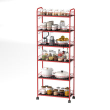 Load image into Gallery viewer, Red 6-story ultra-thin rolling storage cart, mobile shelves with wheels, metal wire storage rack with baskets