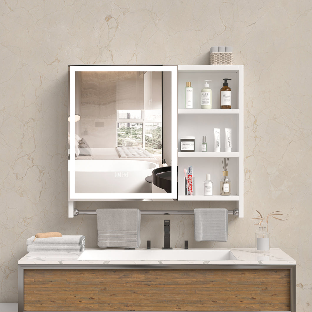 Modern 32x28 inch bathroom storage cabinet with mirrors, LED lights, multi-layer storage compartments, and towel racks