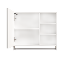 Load image into Gallery viewer, Modern 32x28 inch bathroom storage cabinet with mirrors, LED lights, multi-layer storage compartments, and towel racks