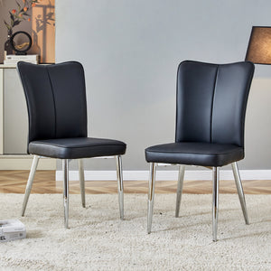 Modern minimalist dining chairs black PU leather curved backrest and cushion black metal semi matte chair legs