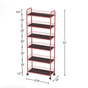 Red 6-story ultra-thin rolling storage cart, mobile shelves with wheels, metal wire storage rack with baskets