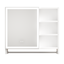 Load image into Gallery viewer, Modern 32x28 inch bathroom storage cabinet with mirrors, LED lights, multi-layer storage compartments, and towel racks