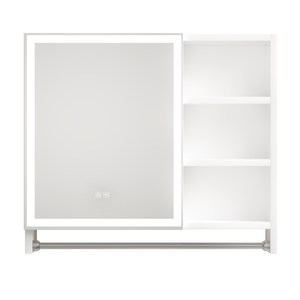 Modern 32x28 inch bathroom storage cabinet with mirrors, LED lights, multi-layer storage compartments, and towel racks