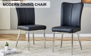 Modern minimalist dining chairs black PU leather curved backrest and cushion black metal semi matte chair legs