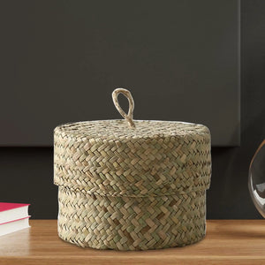 Candy Box with Lid Seagrass Organizer Household Handmade Finishing Box Container Handwoven Rattan Storage Basket for Living Room