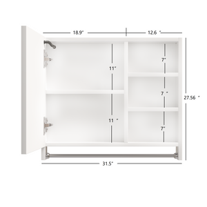 Modern 32x28 inch bathroom storage cabinet with mirrors, LED lights, multi-layer storage compartments, and towel racks