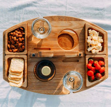 Load image into Gallery viewer, folding table picnic rack plate stand holder wooden fruit glasses bottles tray home beach outdoor party