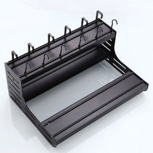 Bathroom rack holder space kitchen aluminum black wall storage organizer basket microwave toilet dish cup drain shelving 12 hook hanging clothes tool tall 8.27 x length 21.65" x width 15.35 inch