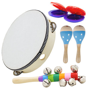 Orff Musical Instruments Hand Shake Rattle Castanets Sand Hammer Vertical Bell Educational Tools 6 Piece Set Rhythm Kit for Kids Toddlers - jnpworldwide