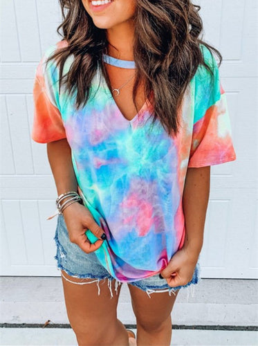 Hollow Out T shirt Tie Dye Tops Tee Women Summer Short Sleeve harajuku femme streetwear v-neck lady - jnpworldwide