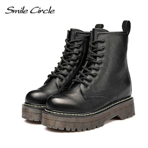 Chunky Motorcycle Boots Women Autumn Fashion Round Toe Lace-up Combat Ladies Shoes comfortable new - jnpworldwide