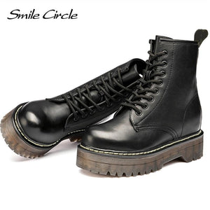 Chunky Motorcycle Boots Women Autumn Fashion Round Toe Lace-up Combat Ladies Shoes comfortable new - jnpworldwide
