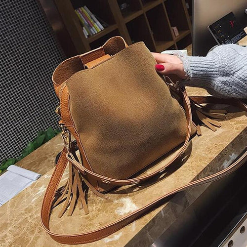 Fashion Scrub Women Bucket Bag Vintage Tassel Messenger High Quality Retro Shoulder Crossbody tote - jnpworldwide